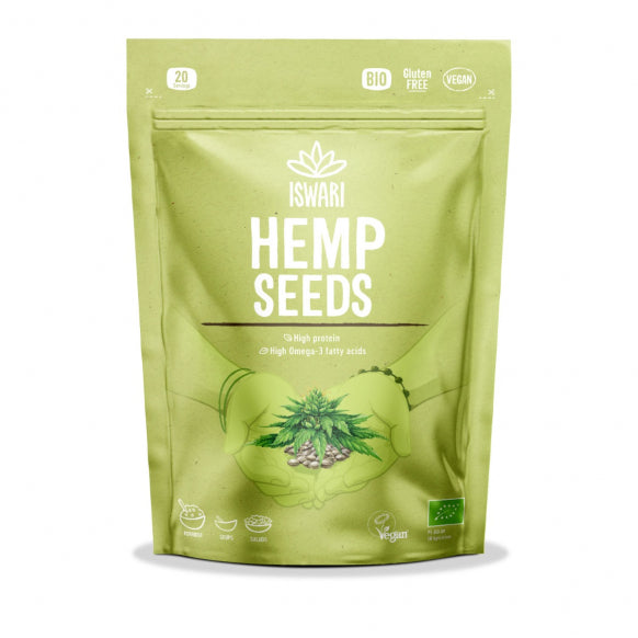 Organic Iswari hemp seeds, gluten-free superfood from Herbalistas, shown in a 250g package with hemp seeds visible inside.