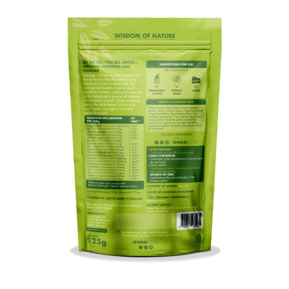 Old Products Iswari BIO Moringa Powder supplement in 125g package, featuring vibrant green Moringa powder in a resealable bag.