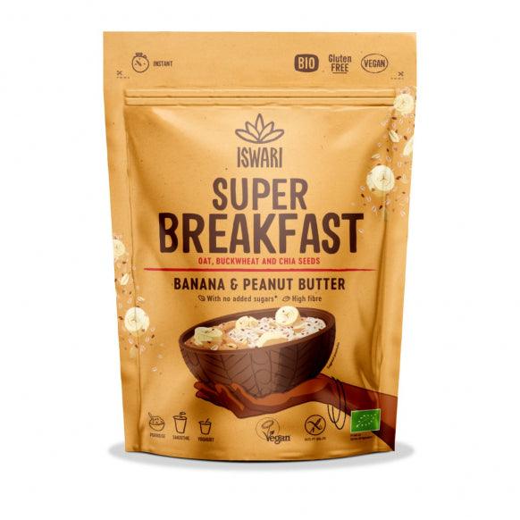 Iswari BIO Super Breakfast energy powder with banana and peanut butter flavor, gluten-free, 360g front view.