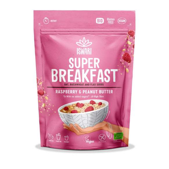 Iswari BIO Super Breakfast energy blend with raspberry and peanut butter, gluten-free powder in a 360g package.