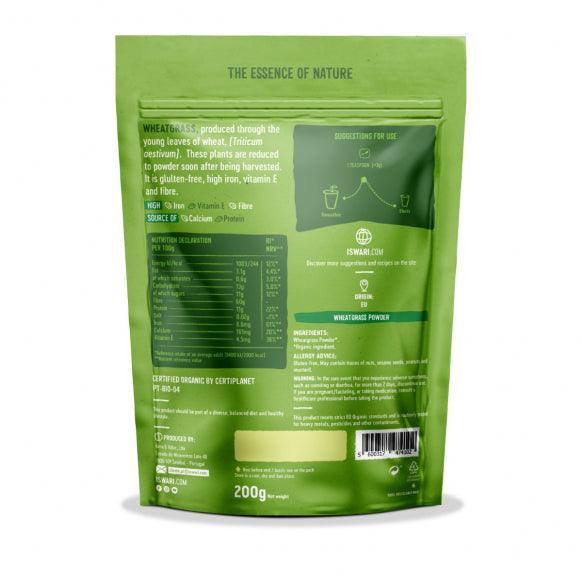 Herbalistas Iswari BIO Wheatgrass Powder supplement in 200g package, showing the gluten-free wheatgrass powder in a jar.