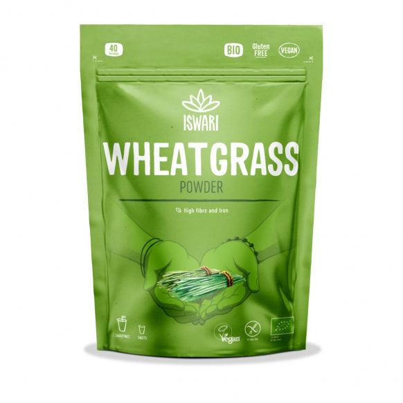 Herbalistas Iswari BIO Wheatgrass Powder supplement in 200g package, gluten-free, featuring green wheatgrass powder in a clear container.