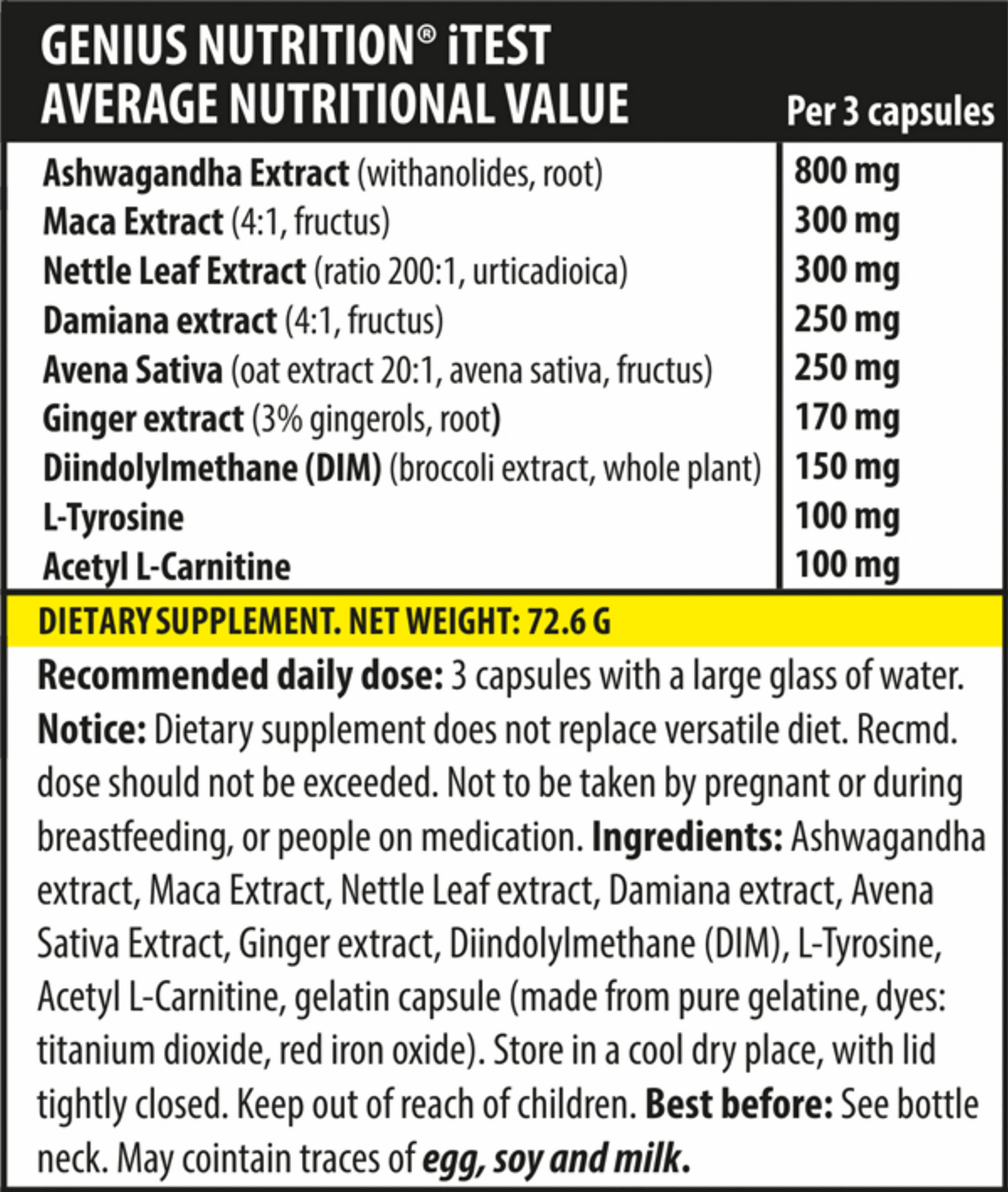 Genius Nutrition iTest 90-caps supplement bottle with label, dietary supplement for health and wellness.