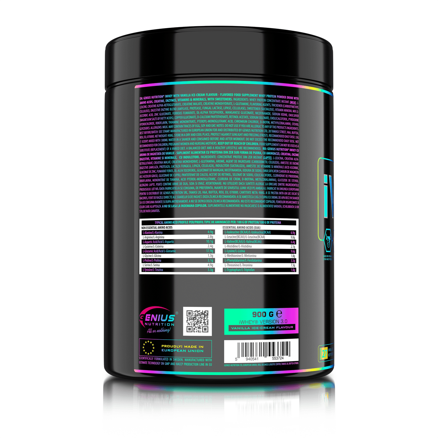 Genius Nutrition iWHEY vanilla ice cream protein powder 900g jar, side view, white background, 27 servings
