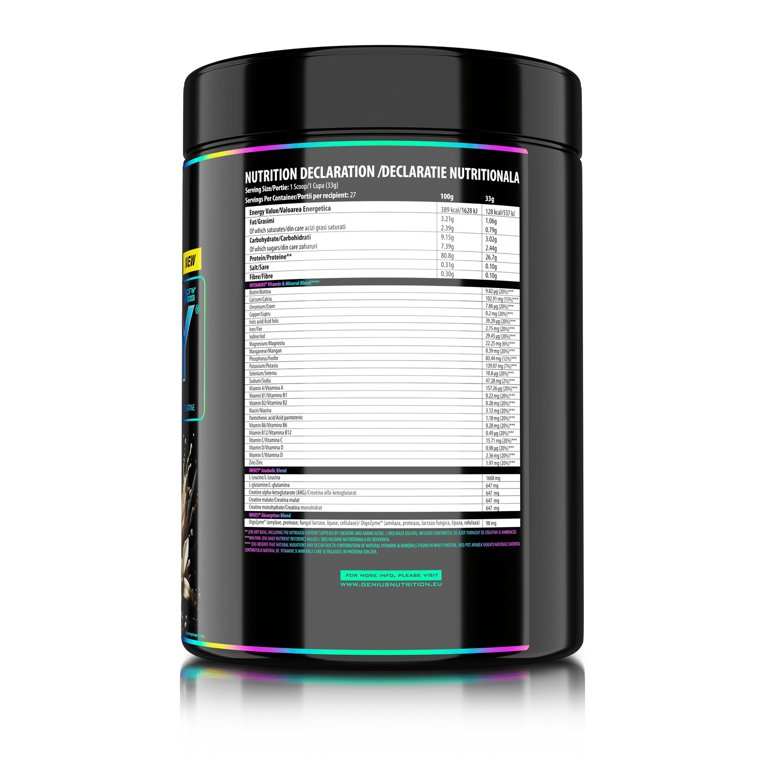 Genius Nutrition iWHEY vanilla ice cream protein powder 900g container with scoop, side view, white background