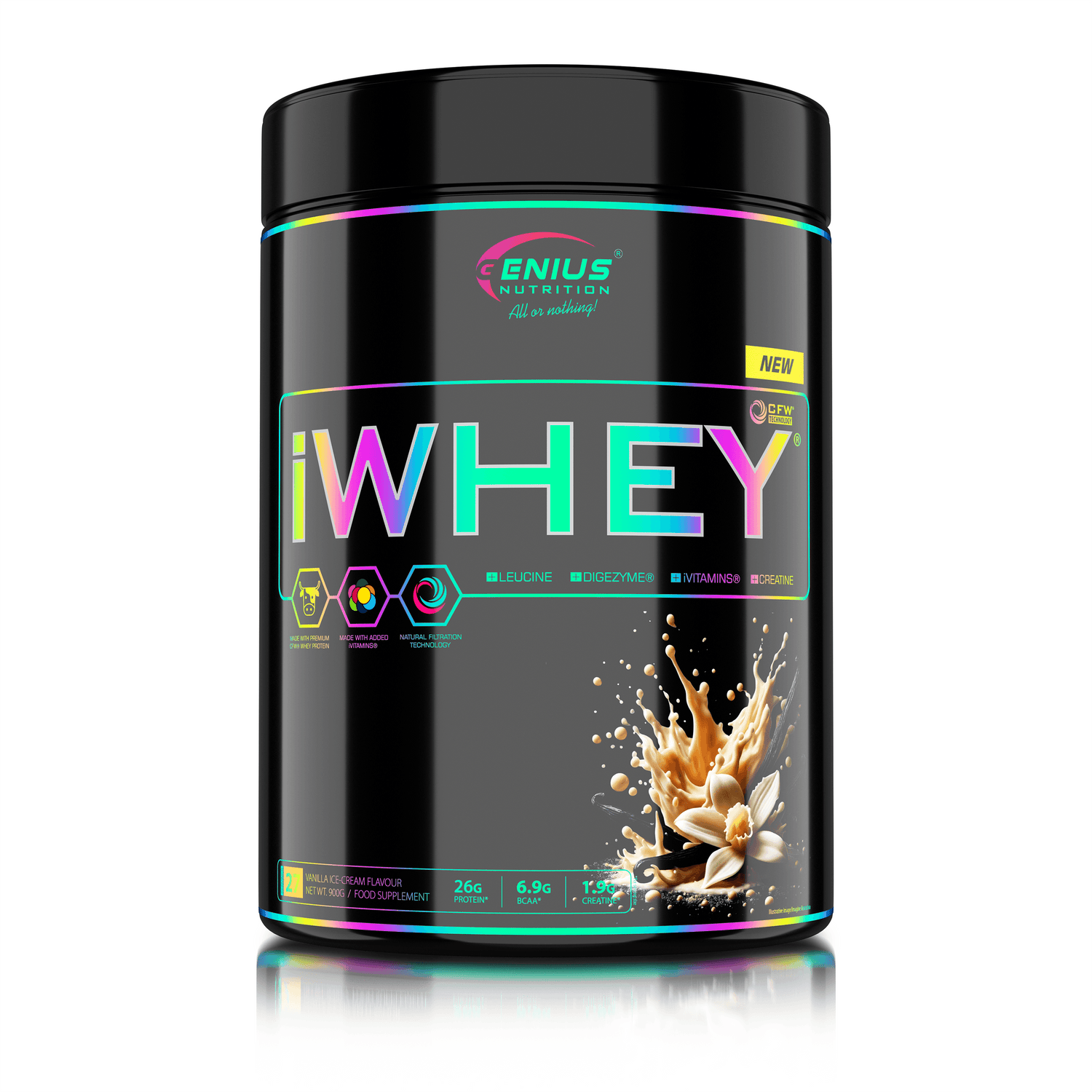 Genius Nutrition iWHEY vanilla ice cream protein powder 900g jar, whey protein supplement for muscle recovery and nutrition