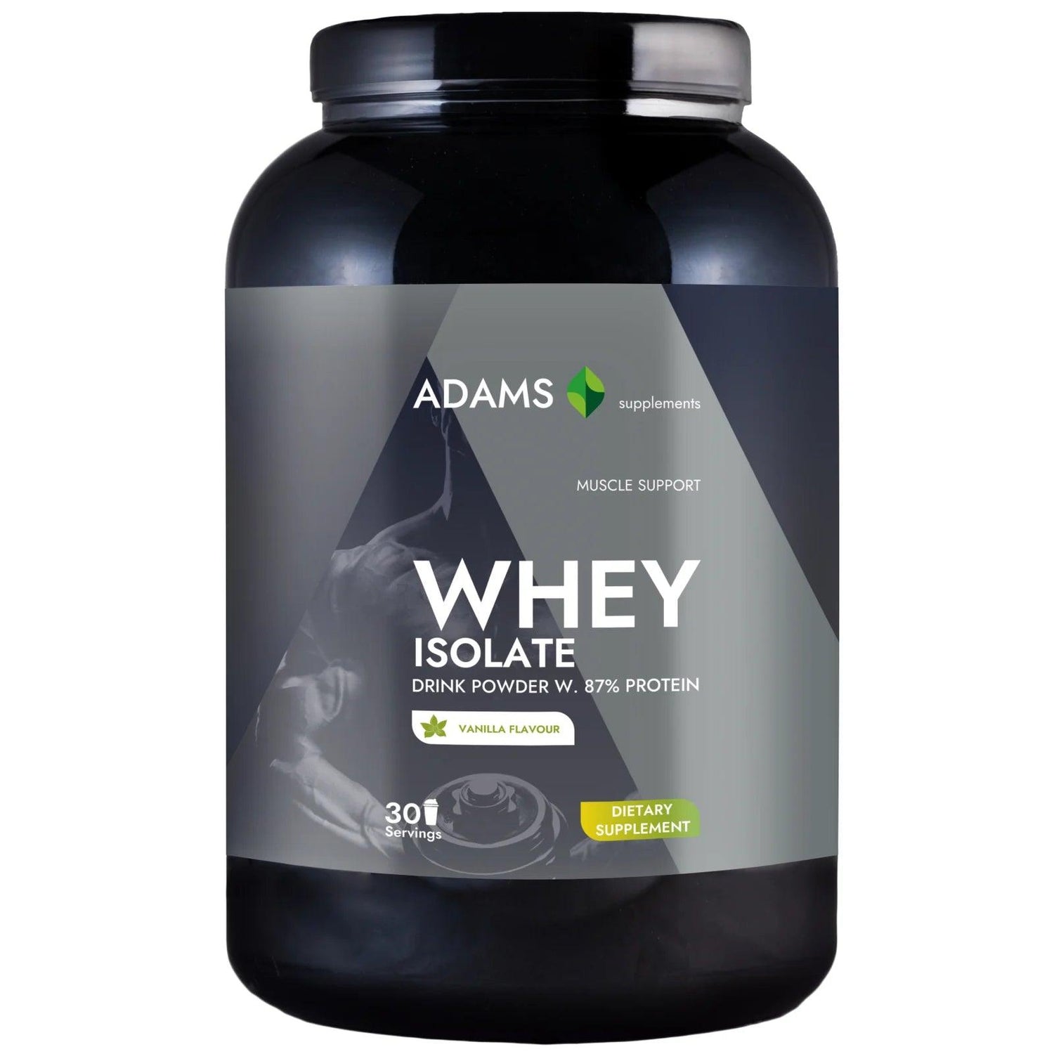 Vanilla whey isolate protein powder from Adams Supplements in a 908g container, showcasing the product packaging.