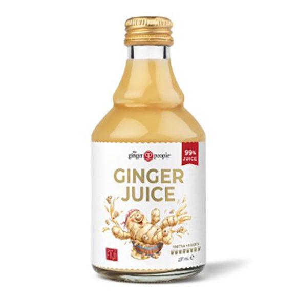 Organic FIJI Ginger Juice by Herbalistas in a 237ml bottle, showcasing fresh ginger root and vibrant liquid inside.