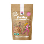 Organic roasted buckwheat kasha in a 300g package by ILOVE ME, showing the packaging and roasted buckwheat grains.