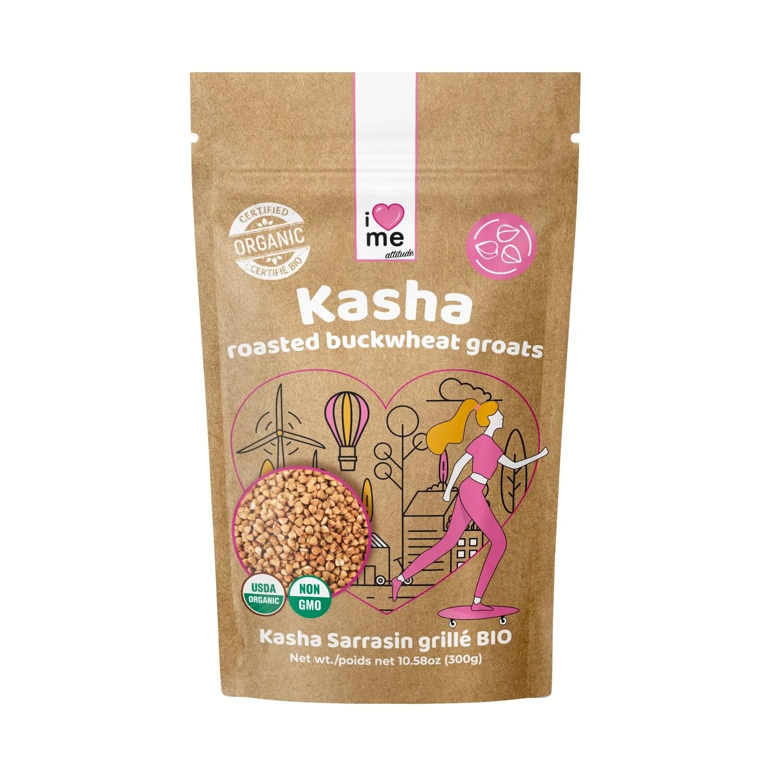 Organic roasted buckwheat kasha in a 300g package by ILOVE ME, showing the packaging and roasted buckwheat grains.