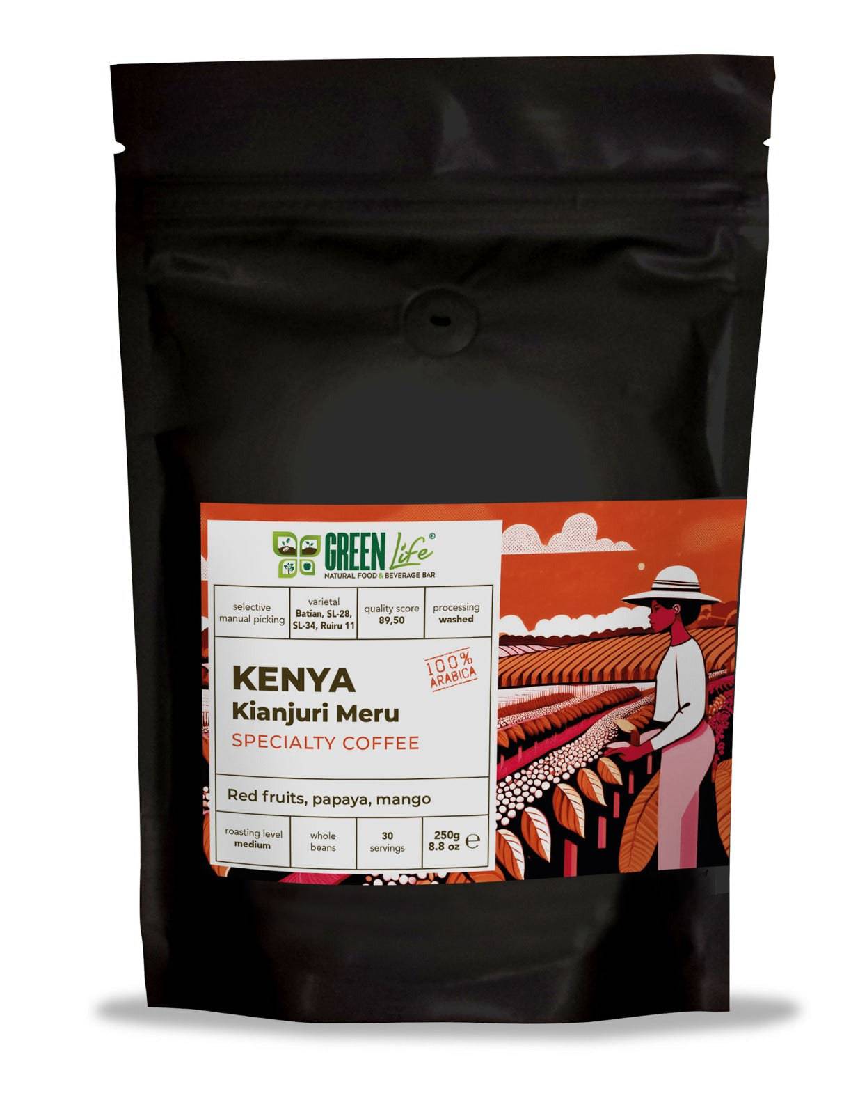 Green Kenya Kianjuri Meru specialty coffee beans from LA TOSTERIA, shown in a 250g package with vibrant green label.