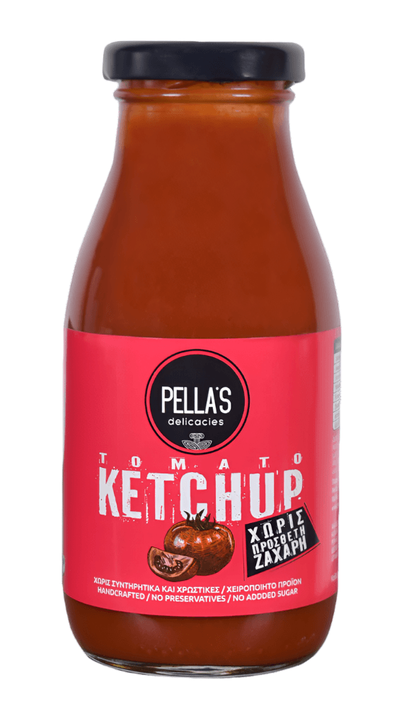 Pella's Delicacies Tomato Ketchup bottle with no added sugar, 290g, featuring a red label and squeeze bottle design.