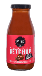 Pella's Delicacies Tomato Ketchup bottle with no added sugar, 290g, featuring a red label and squeeze bottle design.