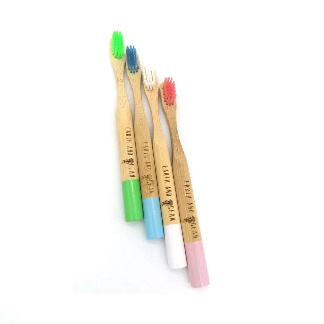 Kids edition bamboo toothbrush pack by OLD PRODUCTS featuring colorful eco-friendly toothbrushes with ocean-themed designs.