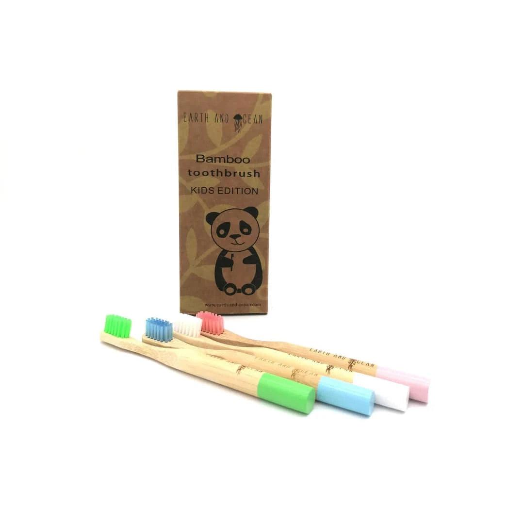 Kids edition bamboo toothbrush set by OLD PRODUCTS featuring colorful ocean-themed handles for children’s oral care.