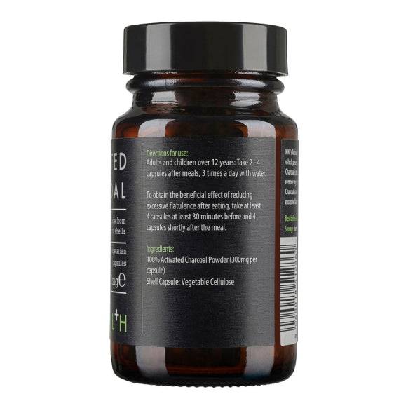Kiki Health Activated Charcoal supplement in 50 vegetarian capsules, showing black capsules in a clear container.
