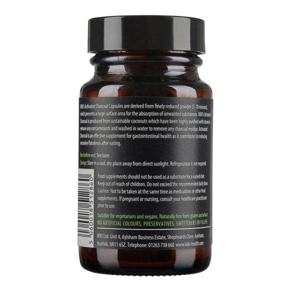 Kiki Health Activated Charcoal supplement bottles with 50 vegan capsules, showing black capsules inside a clear container.