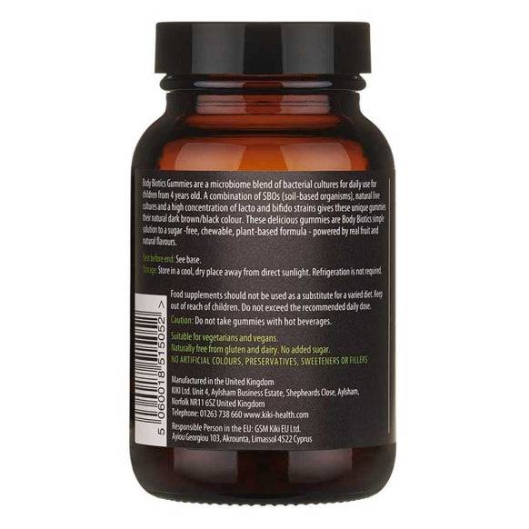 Kiki Health Body Biotic for Children supplement with real fruit in 60 gummies, designed to support kids' digestive health.
