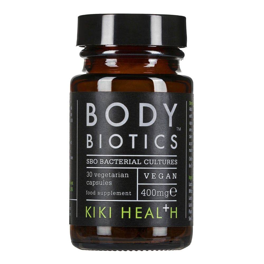 Kiki Health Body Biotics SBO Probiotic Formula supplement in 30 veggie capsules, containing beneficial probiotic strains for gut health.