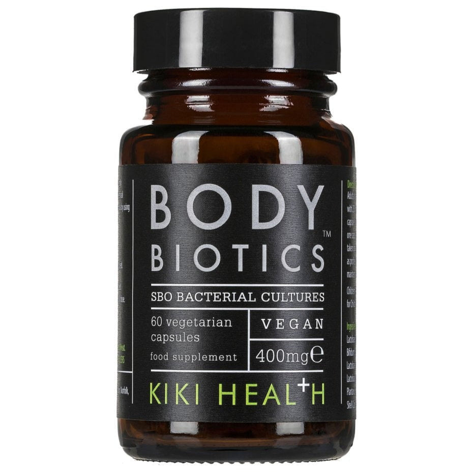 Kiki Health Body Biotics SBO Probiotic Formula supplement in 60 vegetarian capsules, natural digestive health support.