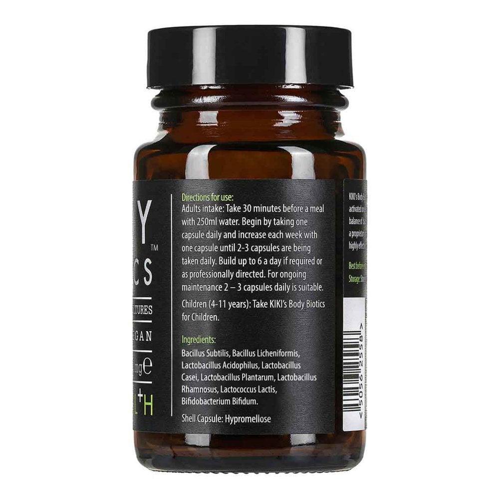 Kiki Health Body Biotics SBO Probiotic Formula supplement in 60 vegicaps with 400mg probiotic strains, designed for digestive health.