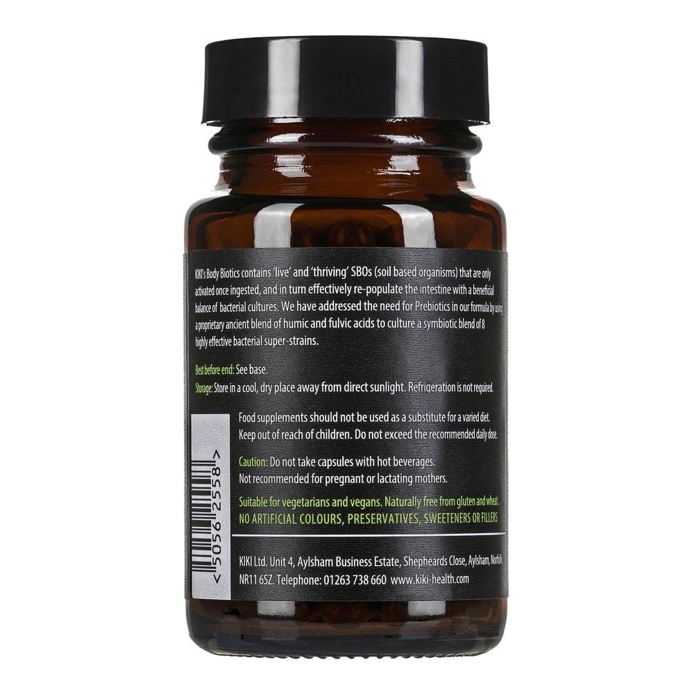 Kiki Health Body Biotics SBO Probiotic Formula supplement in 60 vegetarian capsules, showing the product bottle and label.