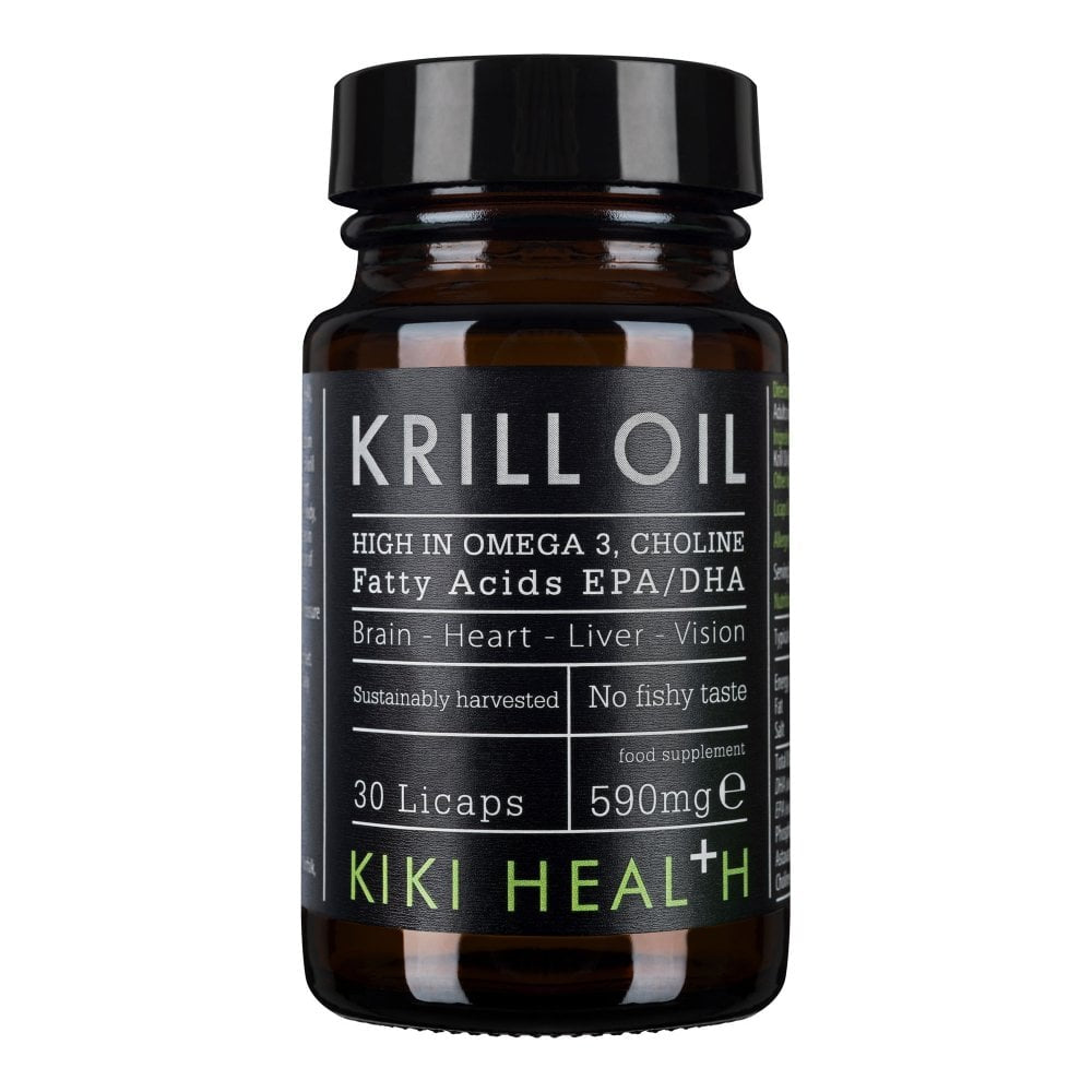 Kiki Health Krill Oil supplement in 30 Licaps, showing the capsule packaging and product label.