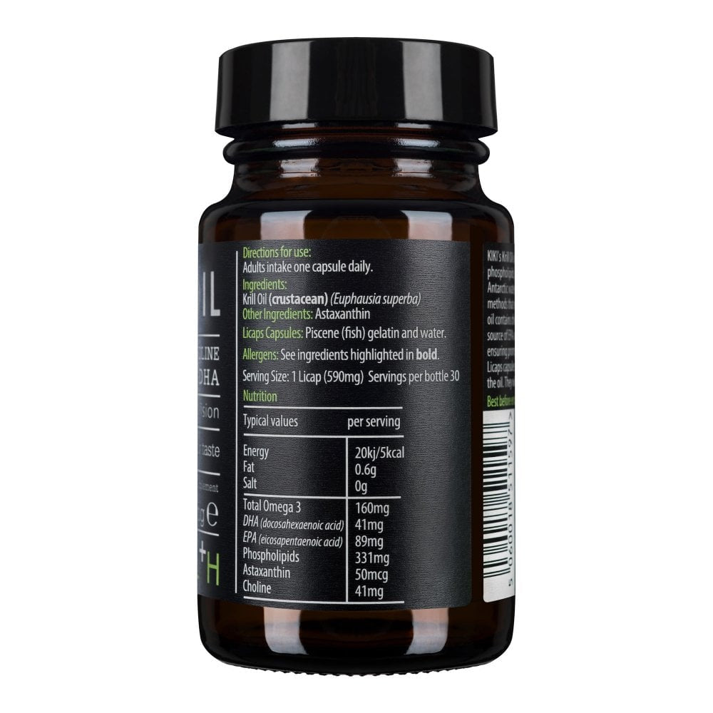 Kiki Health Krill Oil supplement with 30 Licaps capsules, featuring golden capsules containing omega-3 fatty acids and antioxidants.
