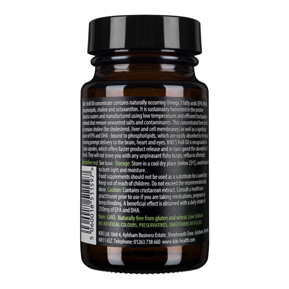 Kiki Health Krill Oil supplement capsules in a bottle, containing 30 Licaps for omega-3 and antioxidant support