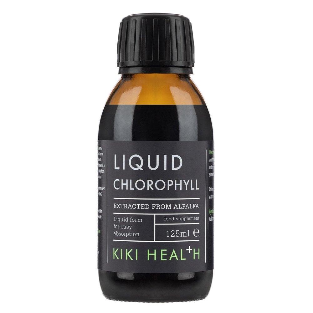 Kiki Health Liquid Chlorophyll supplement in a 125ml bottle, with a green liquid inside, designed for health and wellness.
