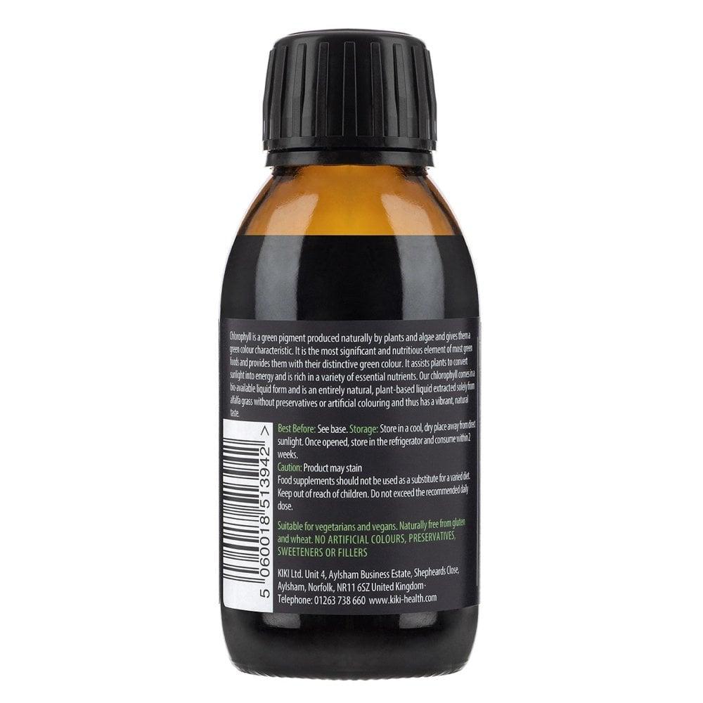 Kiki Health Liquid Chlorophyll supplement in a 125ml bottle with a green label, designed for natural health and wellness.
