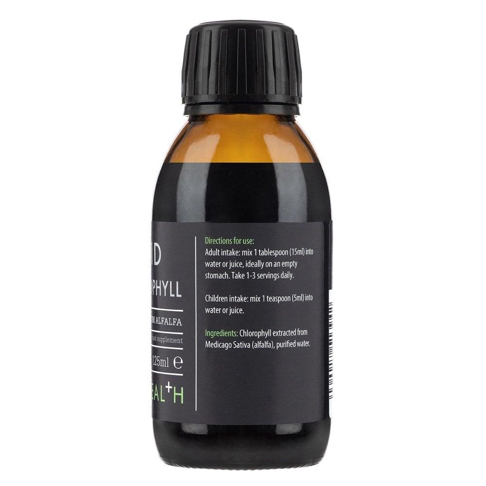 Liquid chlorophyll supplement by Kiki Health in a 125ml bottle, showing the herbal supplement container with label details.