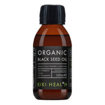 Organic black seed oil supplement by Herbalistas in a 125ml bottle, showcasing the dark glass container and label.