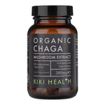 Kiki Health Organic Chaga Mushroom Extract supplement in 60 vegan capsules, herbal health supplement with 380mg per capsule.