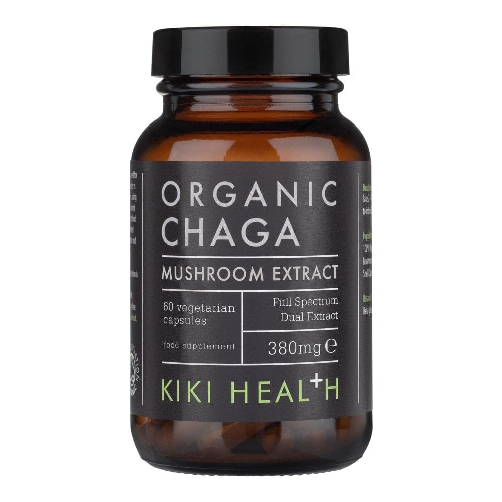 Kiki Health Organic Chaga Mushroom Extract supplement in 60 vegan capsules, herbal health supplement with 380mg per capsule.