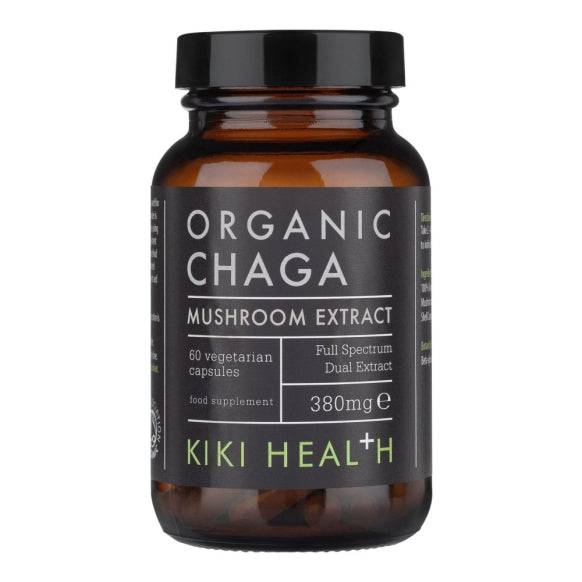 Kiki Health Organic Chaga Mushroom Extract Powder supplement in 50g container, herbal capsules with natural mushroom extract.