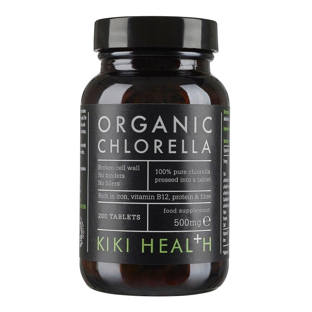 Organic Kiki Health Chlorella supplement by Herbalistas, 200 raw 500mg tablets for detox and nutrition.