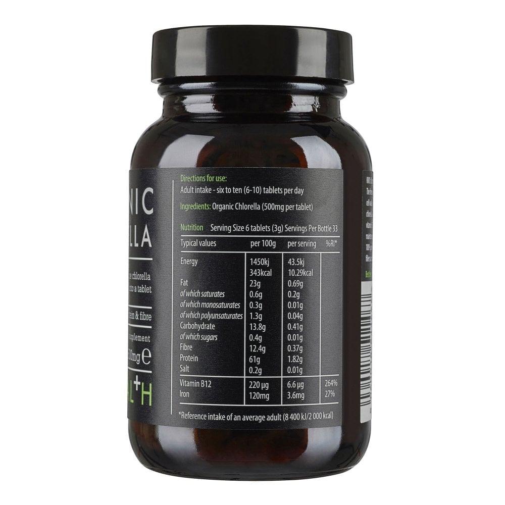 Organic Kiki Health Chlorella supplement in Herbalistas 200 tablets, showing green tablets in a clear container.