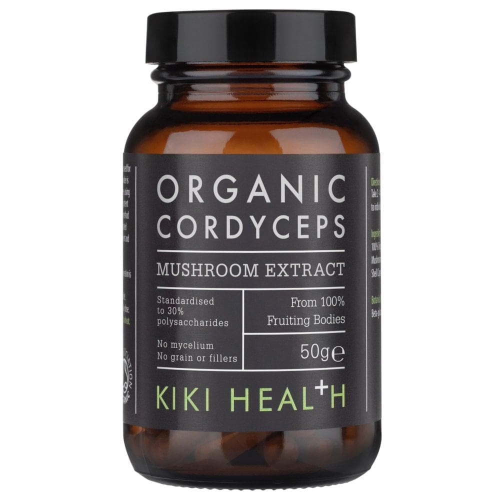 Organic Cordyceps Mushroom Extract Powder by Kiki Health in a 50g package, showcasing fine mushroom supplement powder.