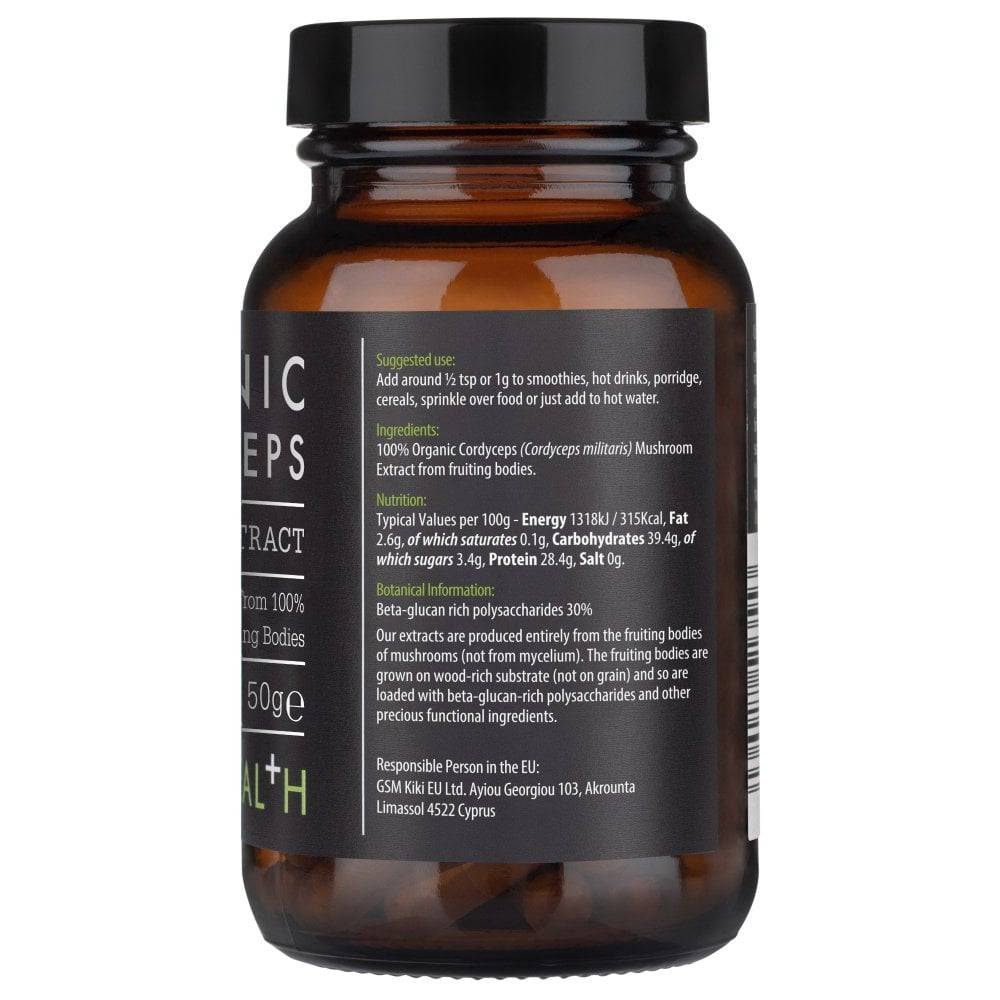Organic Cordyceps Mushroom Extract Powder by Herbalistas, a 50g supplement in a clear jar with powder visible inside.