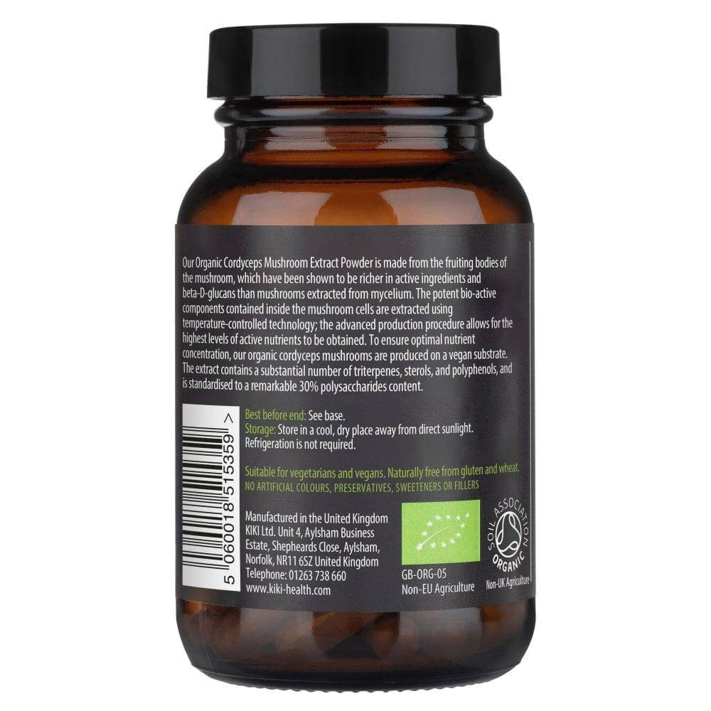 Organic Cordyceps Mushroom Extract Powder supplement by Kiki Health in a 50g package, shown in a clear, resealable bag.