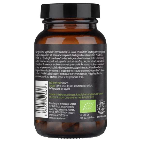 Organic Lion's Mane Mushroom Extract Powder supplement by Kiki Health in a 50g pouch, herbal supplement for cognitive support.