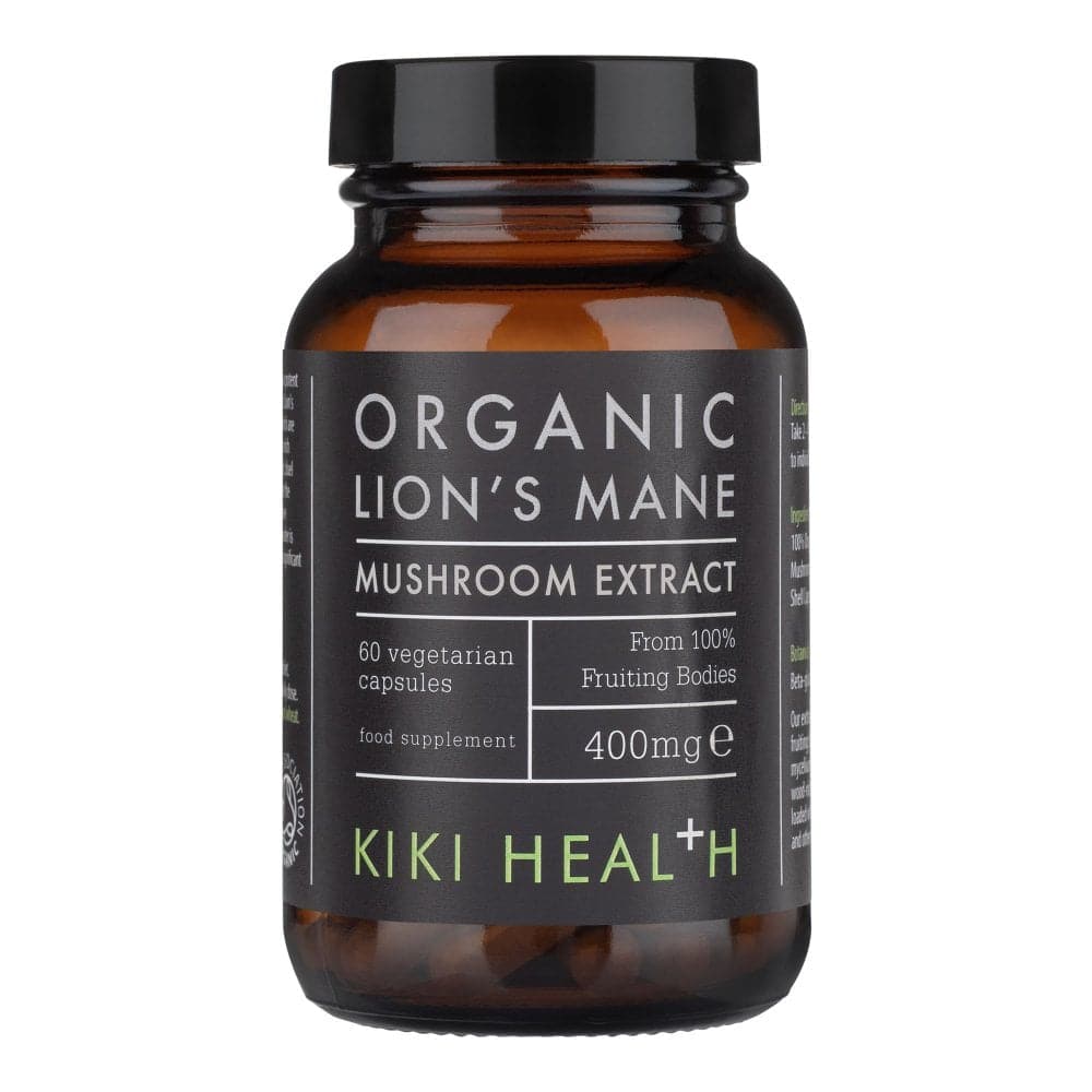 Kiki Health Organic Lion's Mane Mushroom Extract supplement in 60 vegicaps, herbal immune and cognitive support from Herbalistas.