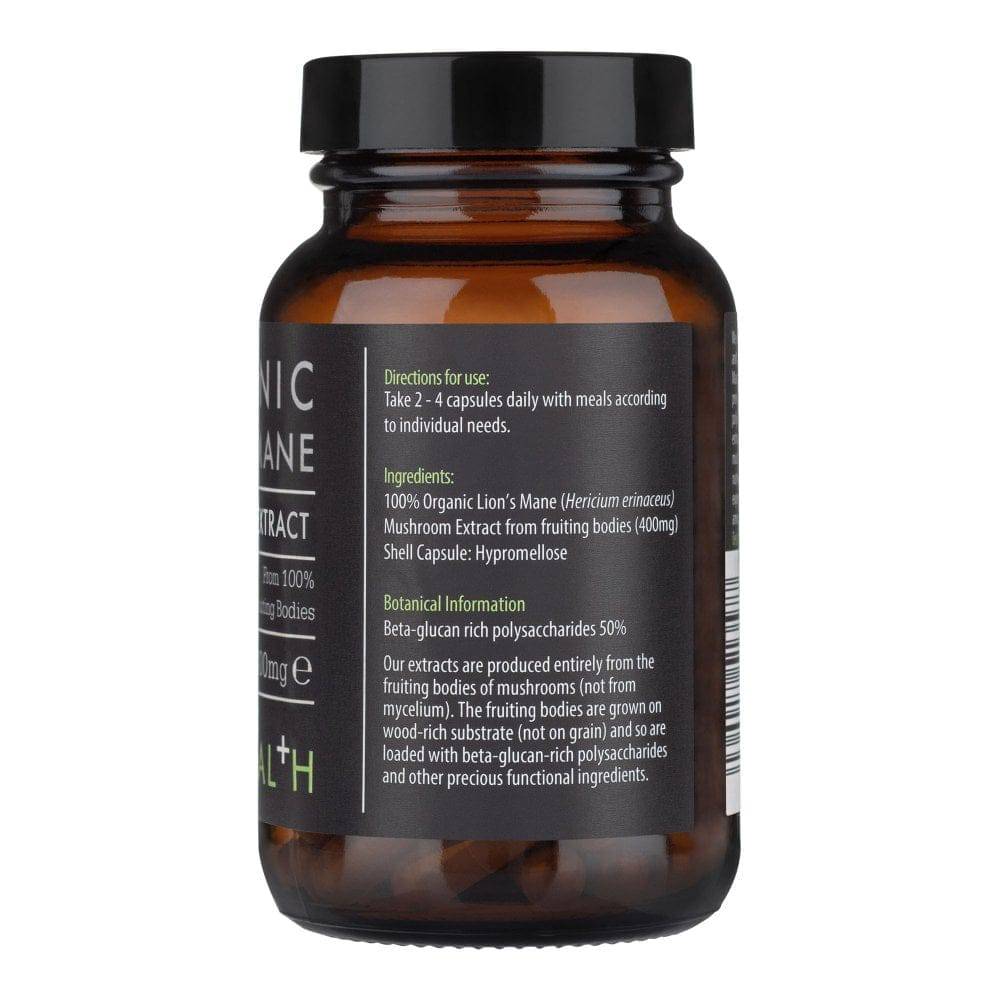 Kiki Health Organic Lion's Mane Mushroom Extract supplement in 60 vegan capsules, herbal supplement for cognitive support