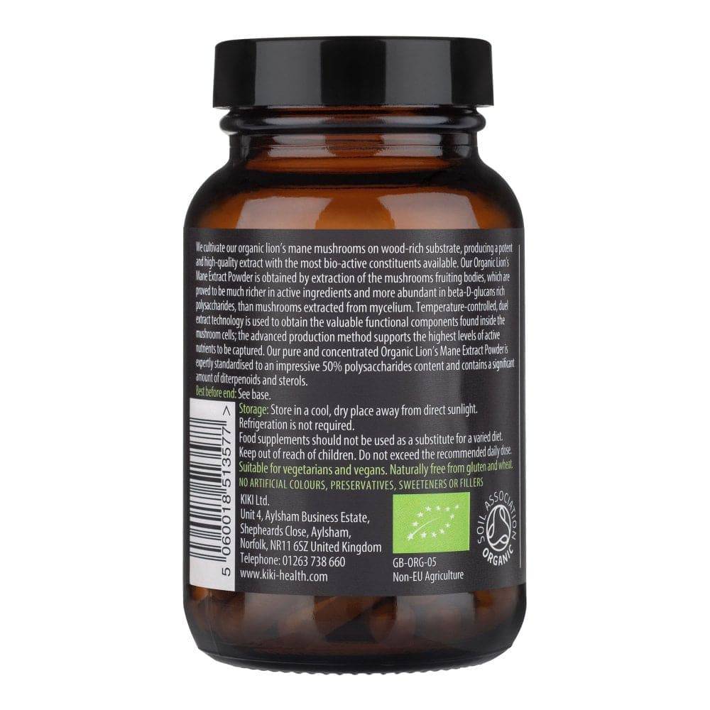 Kiki Health Organic Lion's Mane Mushroom Extract supplement in 60 vegan capsules, herbal health support from Herbalistas.