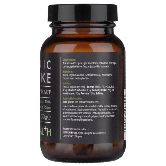 Organic Maitake Mushroom Extract Powder by Kiki Health, 50g jar with mushroom powder for health supplement use.