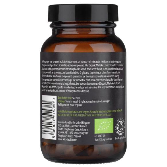 Organic Maitake Mushroom Extract Powder by Kiki Health in a 50g jar, showing the powder and label details.