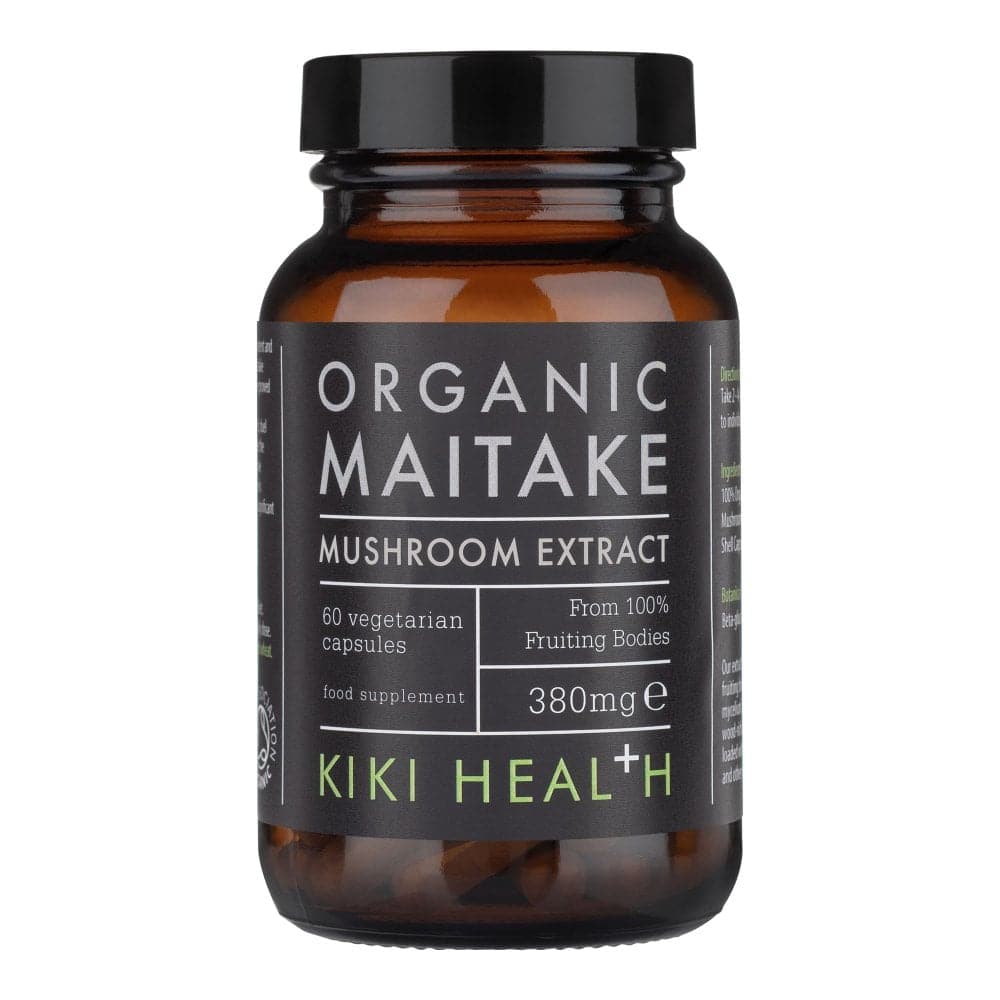 Organic Maitake Mushroom Extract supplement by Herbalistas, 60 veggie capsules, featuring mushroom extract in soft gel capsules.