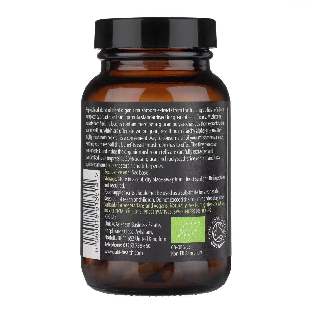 Kiki Health Organic 8 Mushroom Extract Blend supplement in 60 vegicaps, featuring a natural herbal supplement for immune support.
