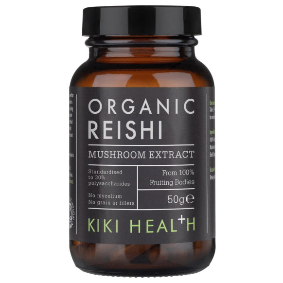 Organic Reishi Mushroom Extract Powder by Kiki Health, a herbal supplement in a 50g package showing the powder inside a jar.